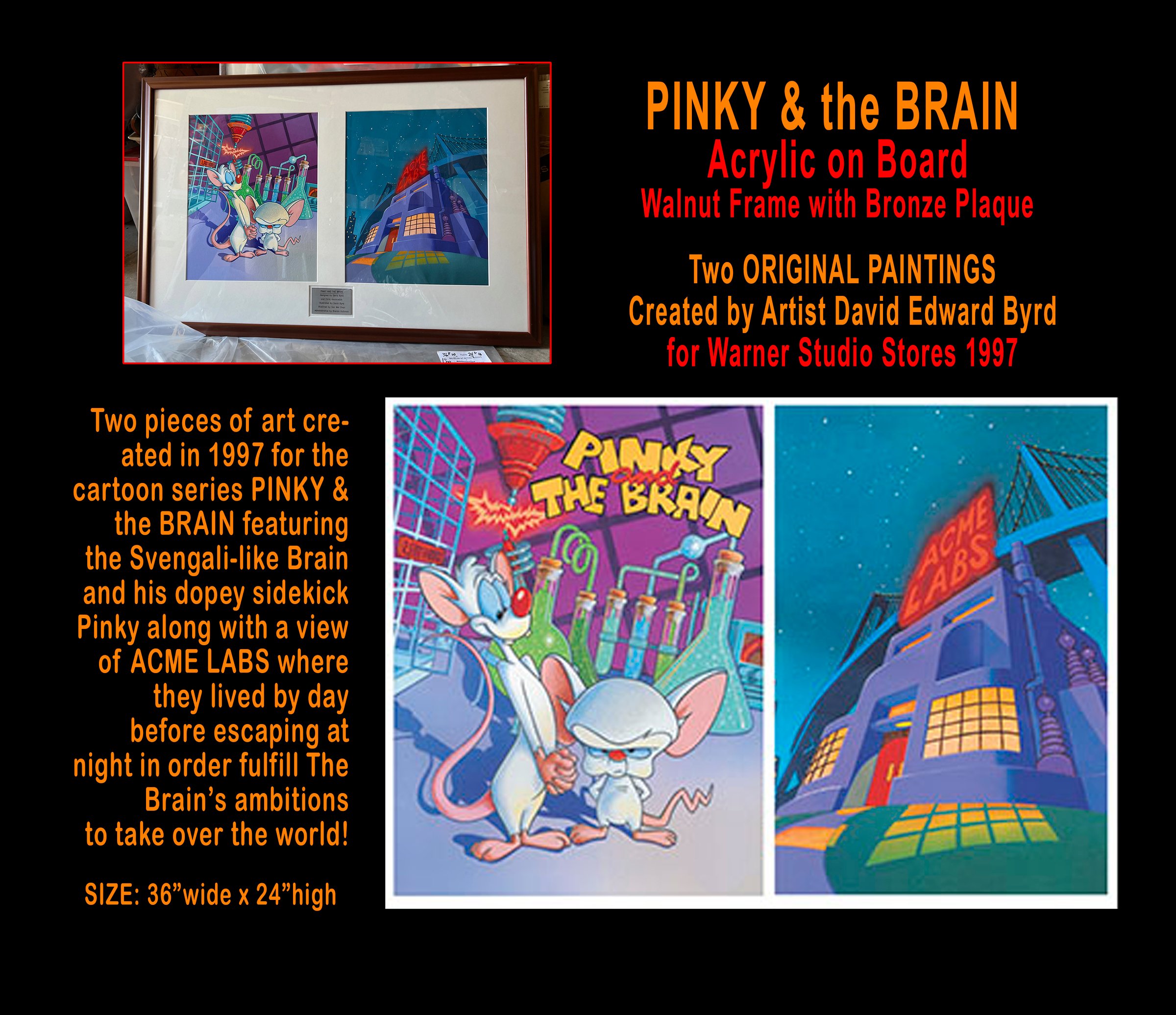 PINKY & the BRAIN Two ORIGINAL PAINTINGS Created by Artist David Edward Byrd for Warner Studio Store